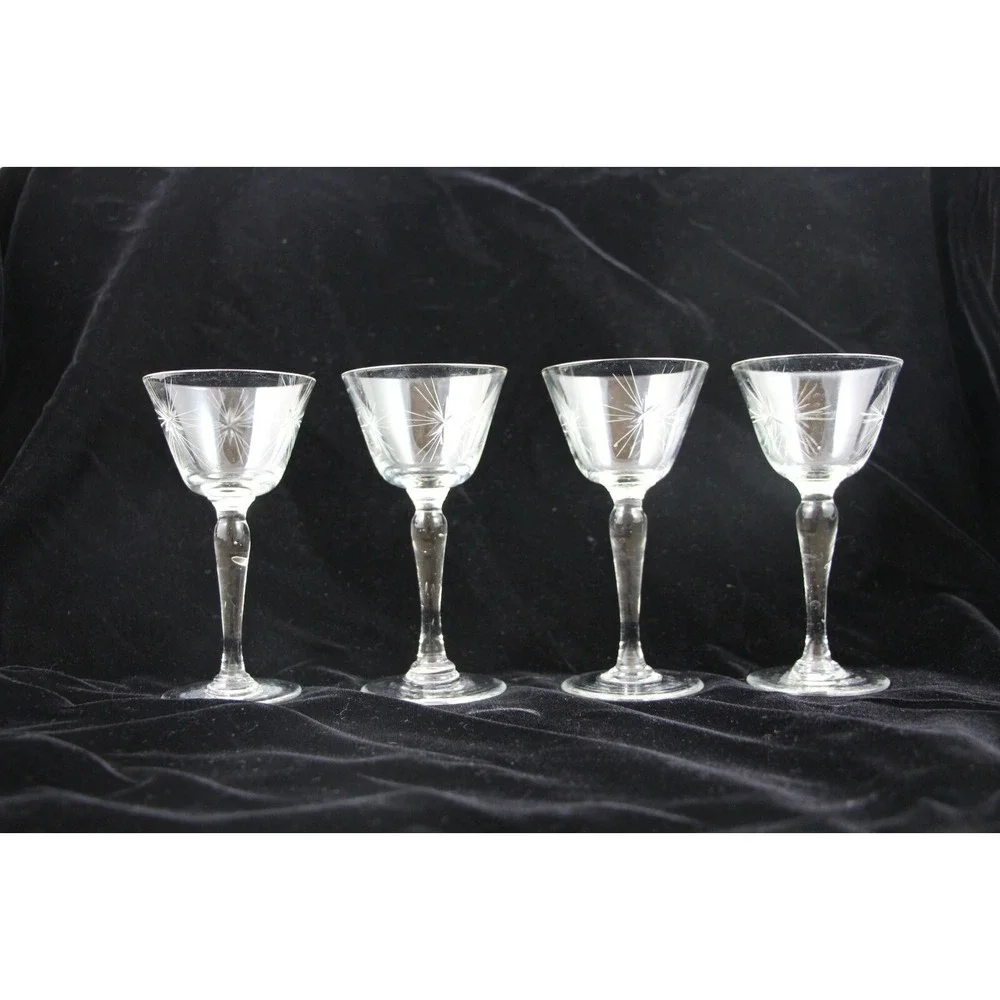 Atomic Starburst Stemmed Wine Glasses Set of 4 MCM  3 Oz 5 5/8